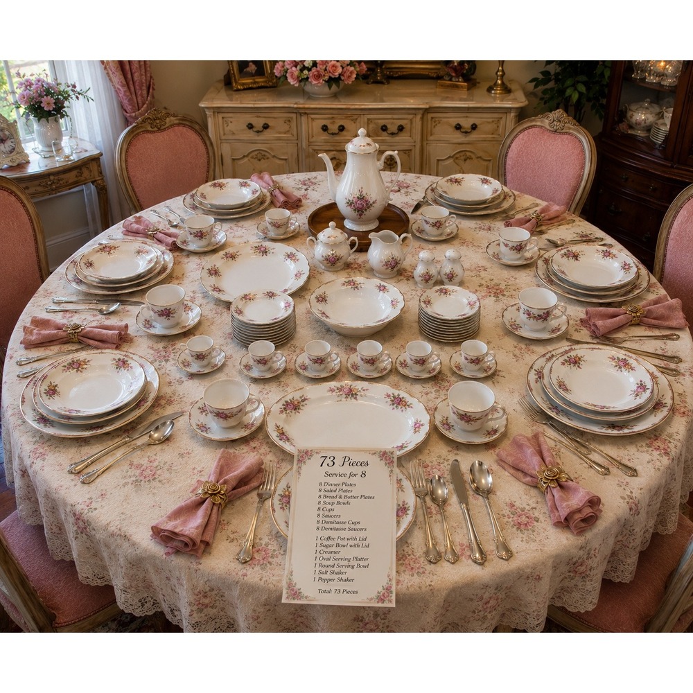 Vintage Korona Poland Porcelain China Dinnerware Set Pink Roses Gold Trim 73 Pc